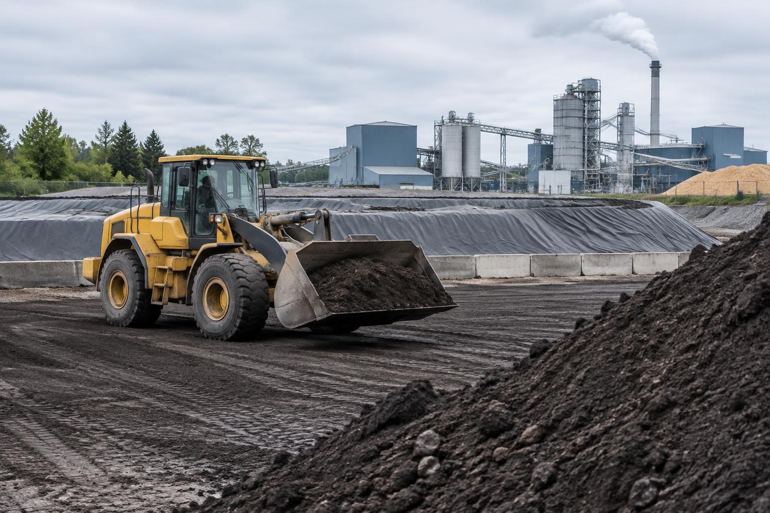 Loader moving industrial soil beside a material staging area